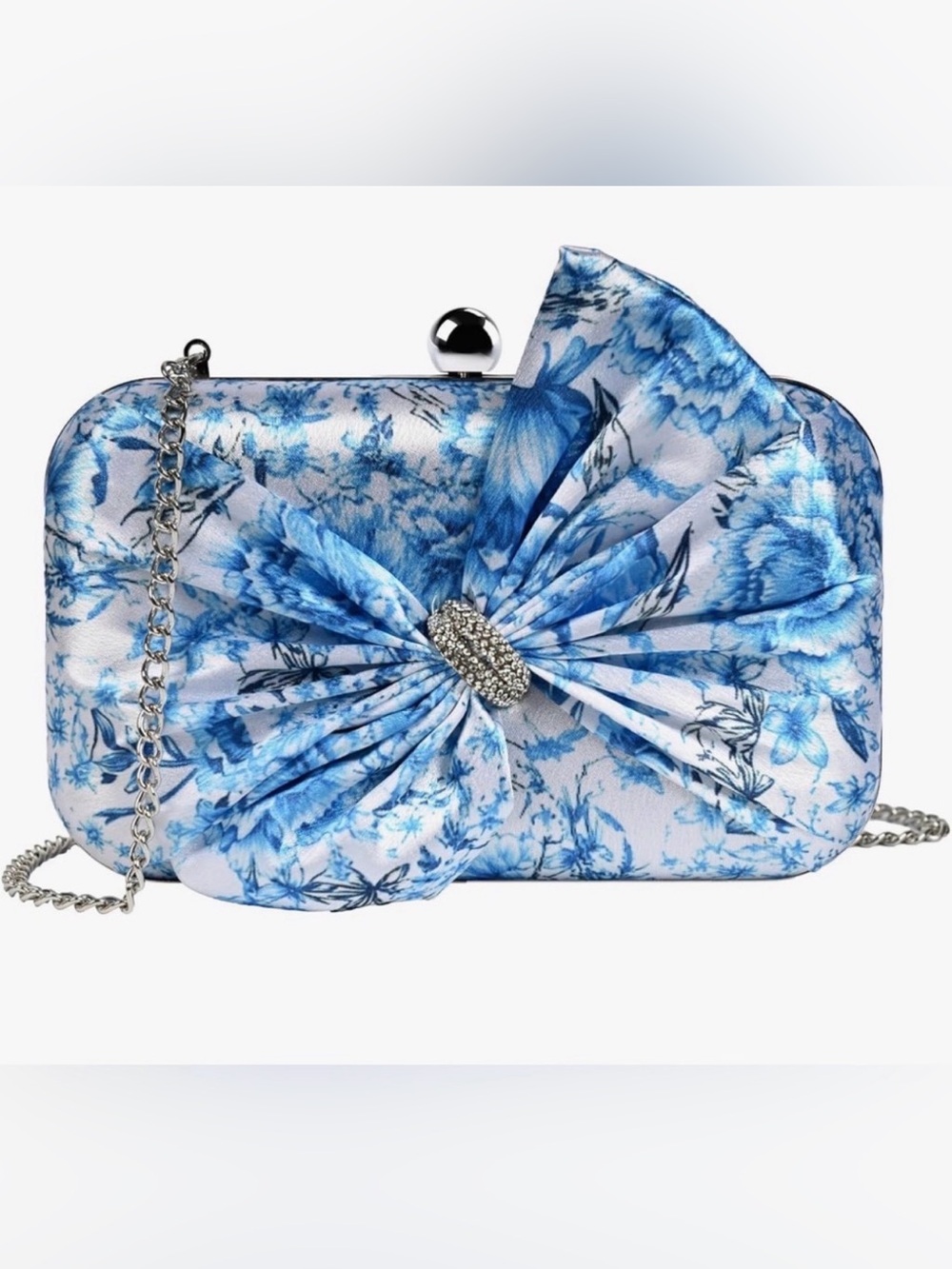 Blue Floral Bow Evening Clutch with Chain